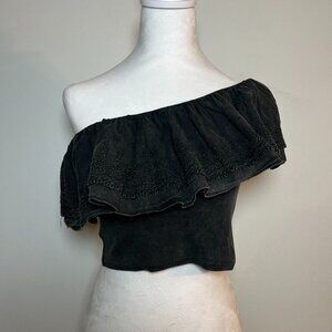 Fabrik Edna One Shoulder Crop Top Ruffle Charcoal Gray Large Cottage Boho Summer